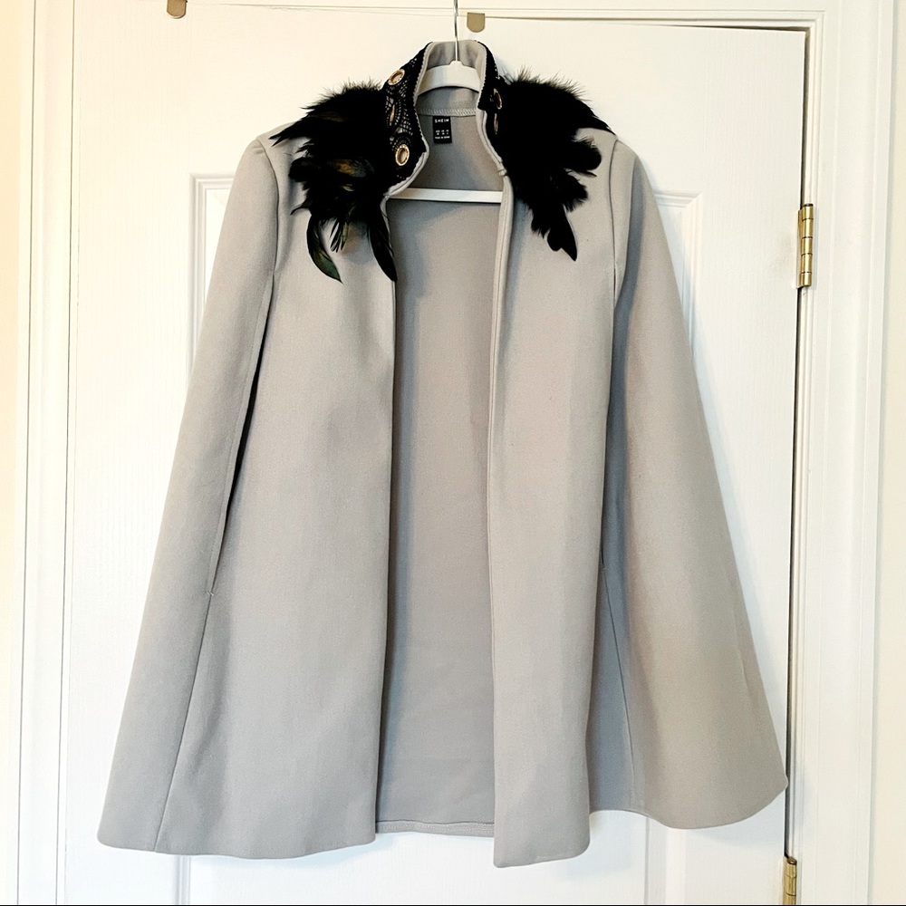 SHEIN Cape Coat Grey w/ Feathers Size Medium